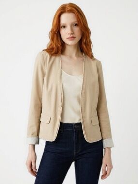 LOFT Cream Open-Front Frayed Trim Blazer